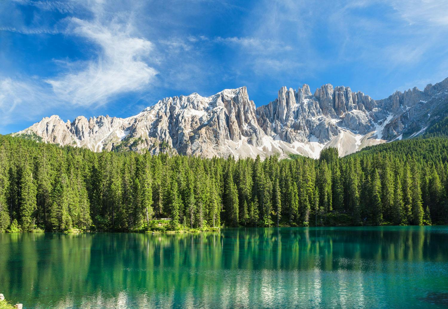 trentino - lake of lago di carezza in dolomites mountains